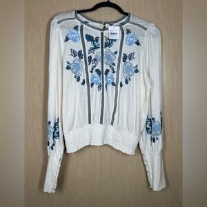 Free People White Top with Blue Embroidery